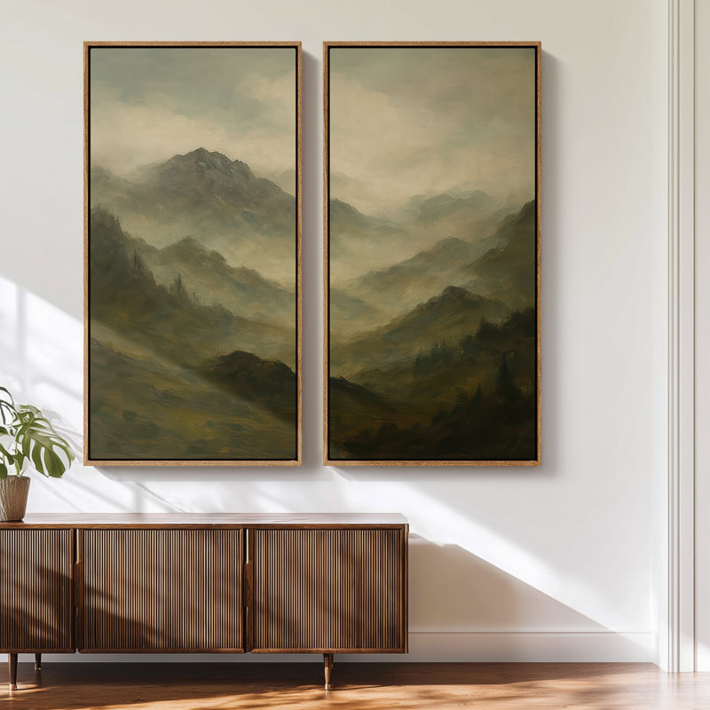 «Moody Layered Mountain Atmosphere», ensemble de 2 reproductions d'art encadrées sur toile 60 po x 30 po x 2 pièces, Naturel