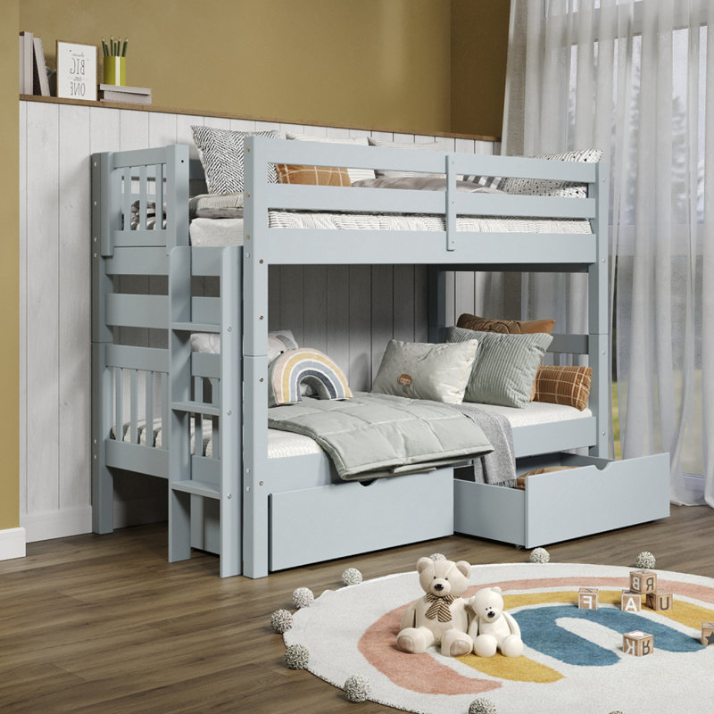 Treva Solid Wood Standard Twin over Twin Bunk Beds, 3 Step Ladder, 2 Under Bed Drawers, Breezy Blue, Blue
