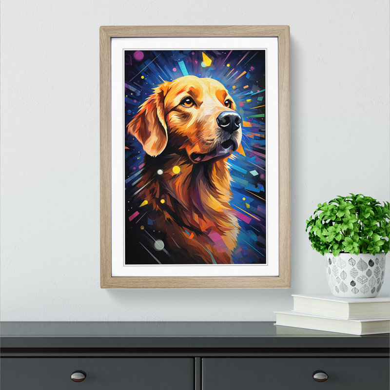 Golden Retriever Futurism - Single Picture Frame Print on Wood, Oak Framed, 64cm H x 46cm W