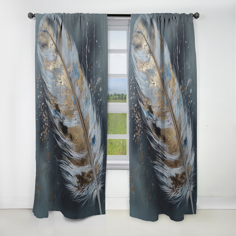 Gold Feather Wanderlust II - Glam Feather Curtain - Blackout Floral Curtain - 1 Panels, 52" W x 63" L