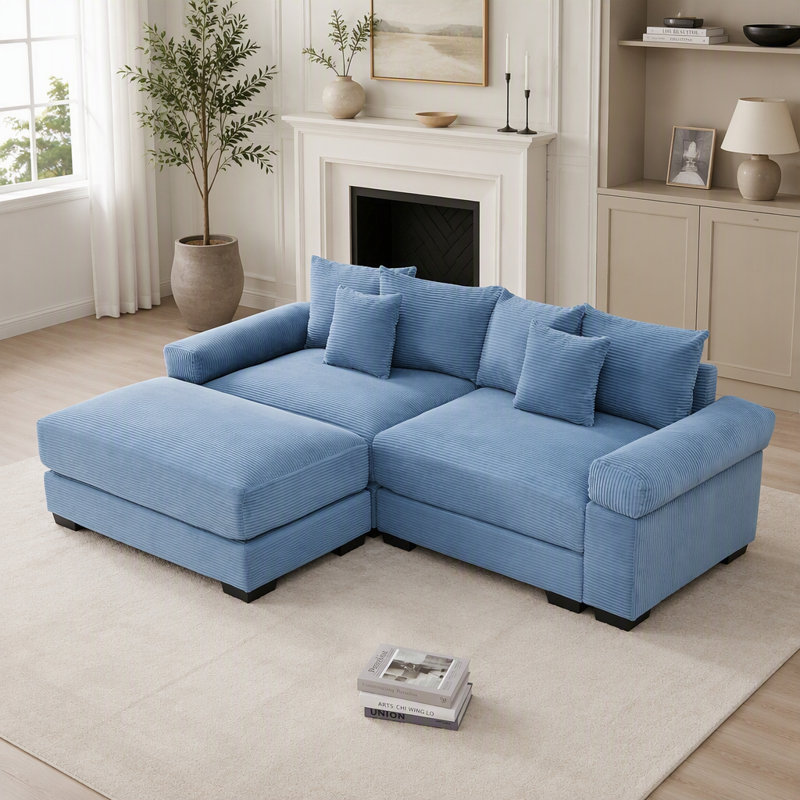 Canapé d'angle Cloud surdimensionné en forme de L avec pouf, revêtement en velours côtelé doux, assises profondes, design ergonomique, 6 coussins, montage facile, idéal pour les salons et les espaces de détente.