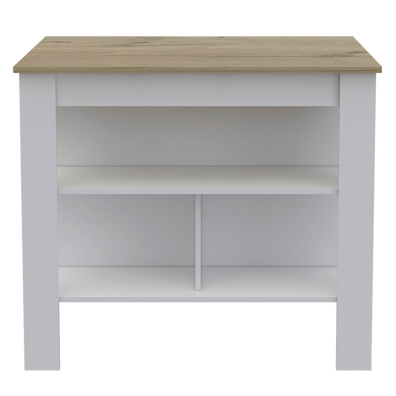 Kitchen Island, Four Legs, Three Shelves, Natural/White