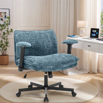 26" Wide Teddy Velvet Criss Cross Office Chair with Wheels, Cross-Legged Desk Chair with Flip-Up Height Adjustable Arms, Lumbar Support, Swivel Vanity Chair for Home Office, Bedroom, Study, 350 lbs