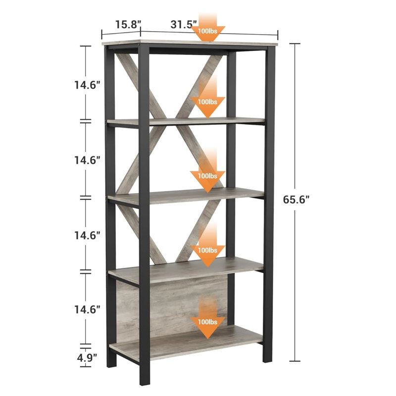 Bookcase With Open Display Shelves And Led Lights, Grey, (5 Shelves) 166.6" H x 80" W x 40.1" D