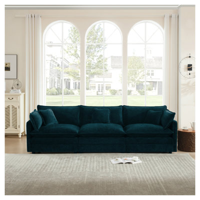 Modular Deep Seat Blue Chenille 3-Seater Sofa with Throw & Armrest Pillows, Modern Living Room Couch
