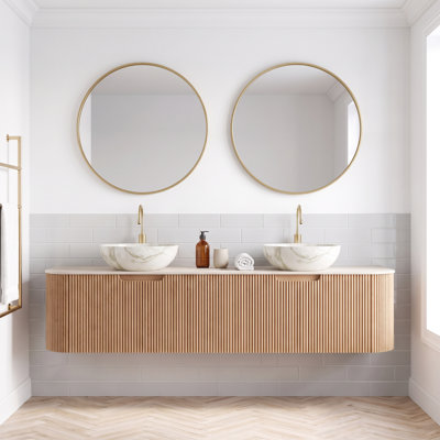Meuble-lavabo mural 60 po en pierre frittée beige avec cuve en céramique bol blanc, tiroirs, sans robinet, pré-assemblé, bois naturel