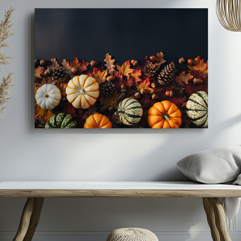 «Canvas A Vibrant Autumnal Flat Lay», art mural Medley de citrouilles de différentes tailles et teintes, y compris une citrouille rayée avec toile
