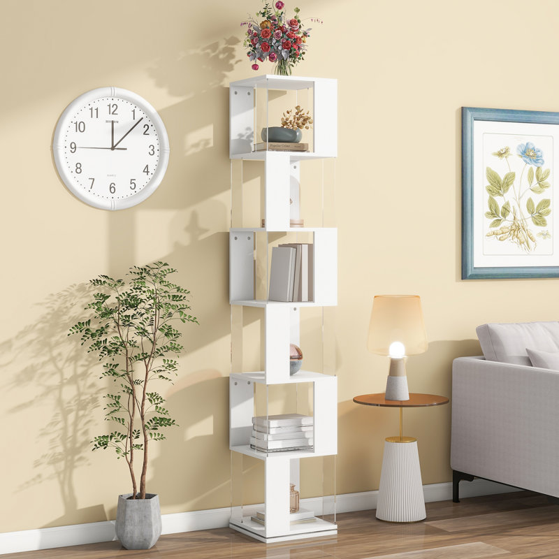 Bibliothèque rotative à 6 niveaux, bibliothèque simple avec plaque en acrylique, Blanc