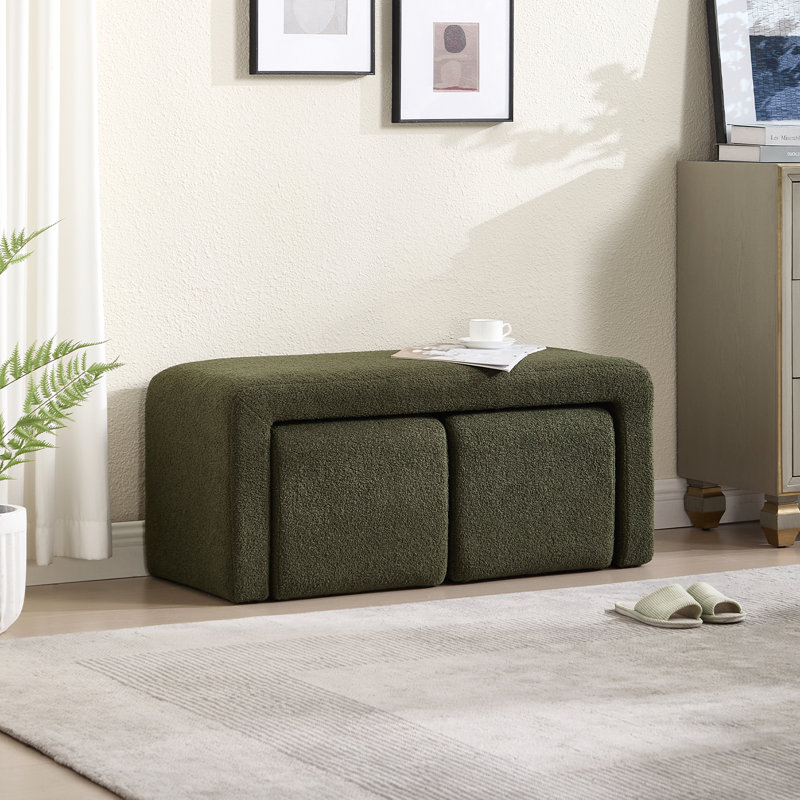 41" W 3-Pieces Upholstered Faux Fur Modern Bench, Nesting Ottoman Bench Set For Living Room Or Bedroom, No Assembly, Green
