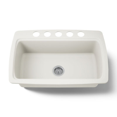 Évier de cuisine Cape Dory à cuve unique encastrée sous plan, 33 po L x 22 po l x 9-5/8 po, avec 5 trous de robinet surdimensionnés