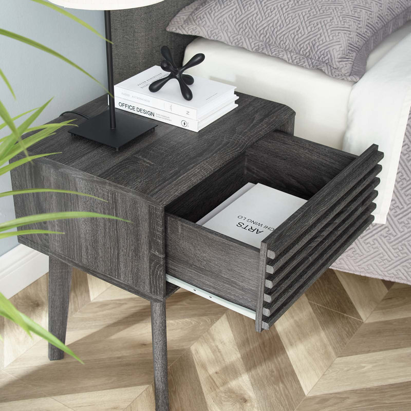 Mid-Century Modern Charcoal Wood Grain End Table with Storage