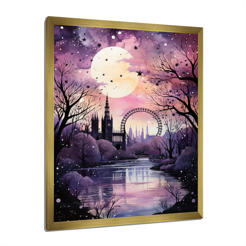 Carrousel mauve à grande roue mauve sur toile, Encadrement doré, H 40 po x l 30 po x P 1,5 po