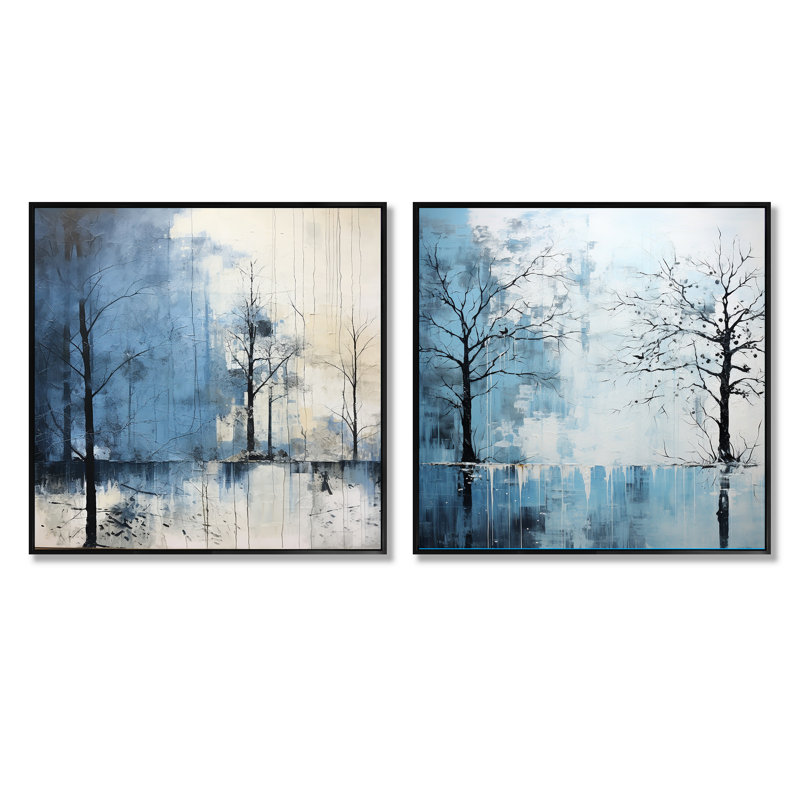Minimalisme - Charm arbre bleu - ensemble de 2 arbres carrés, Cadre flottant noir, H 16 po x l 33 po