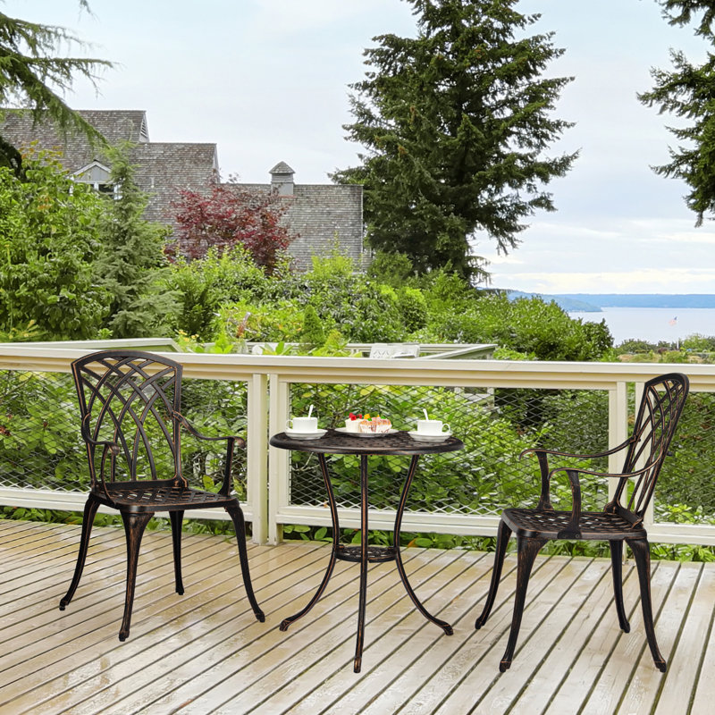 Ensemble bistro 3 pièces, chaises et table en fonte d'aluminium avec trou pour parasol, couleur bronze