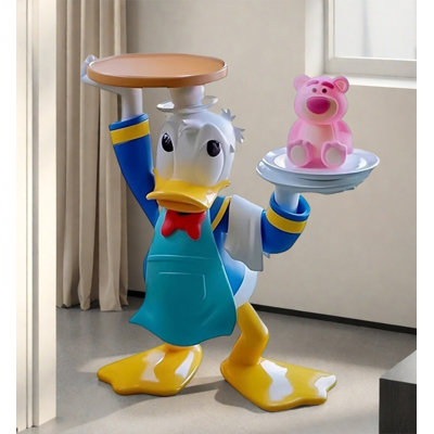 Playful Cartoon Duck Statue Holding Two Trays Waiter Style Outfit