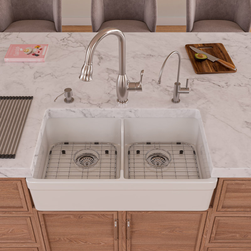 31.75'' L Double Bowl Fireclay Kitchen Sink, White