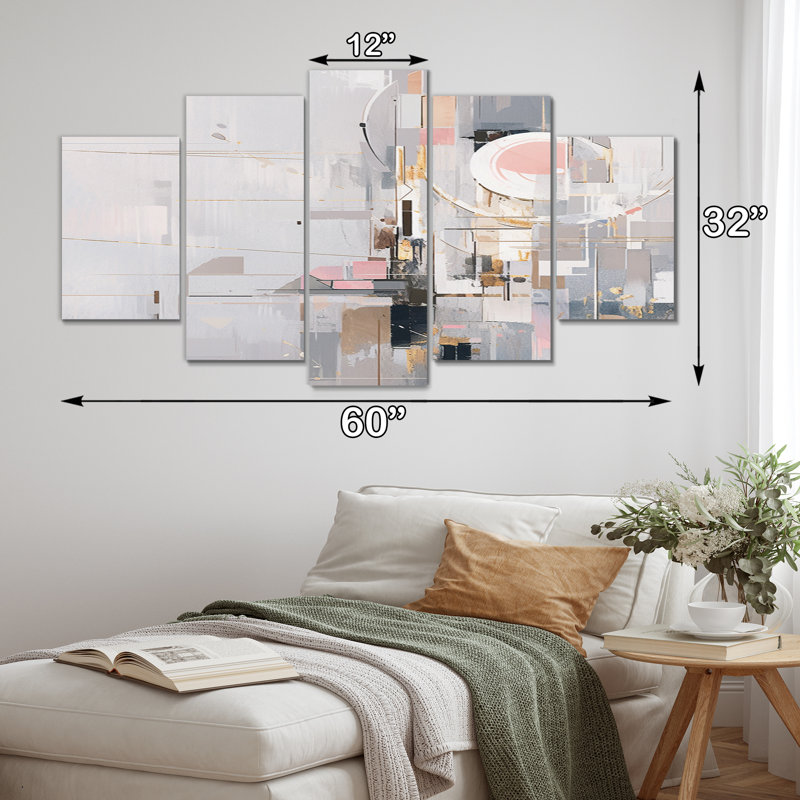 «Pink and Gray Mosaic Echoes I», impression d'art mural cubisme - 5 panneaux