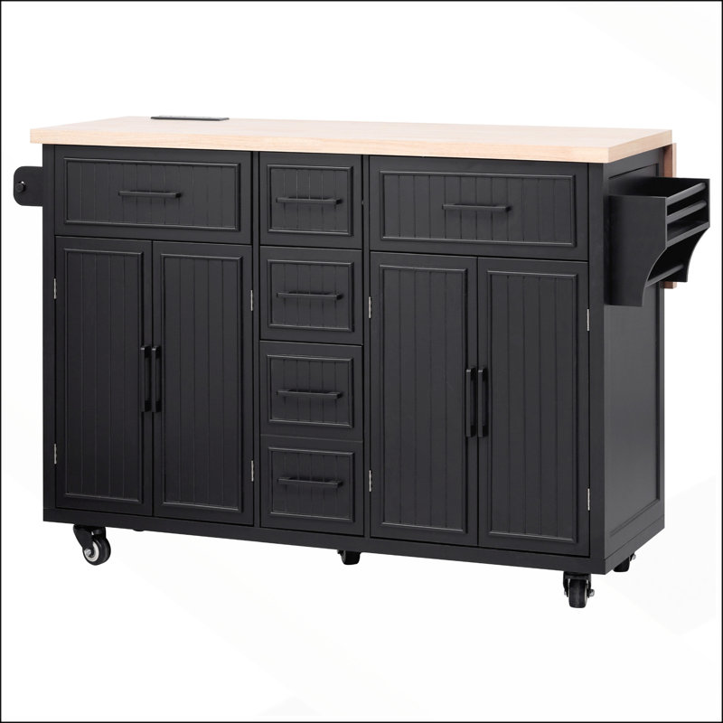 56.5" Kitchen Island with Drop Leaf, Power Outlet, and Ample Storage for Modern and Rustic Kitchens, Black