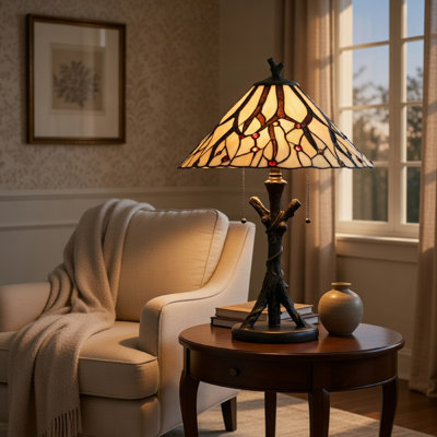 Eli Tiffany Glass Table Lamp, Hand Painted Leaf And Wine Shade, Bronze