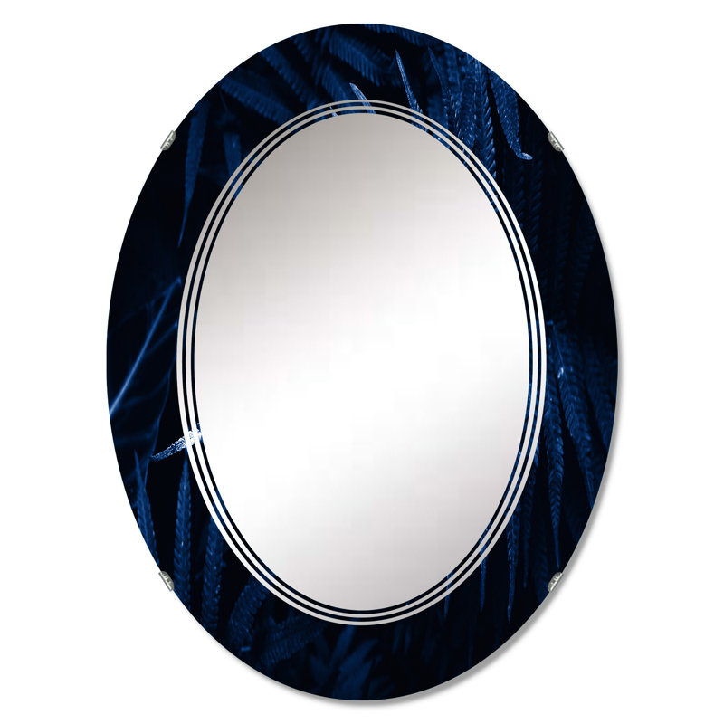 Feuilles tropicales en bleu classique - Miroir mural tropical ovale, 30 po x 20 po