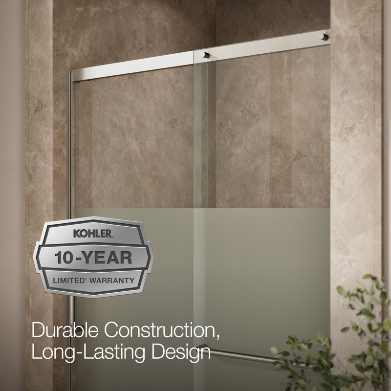 Elate Tall Sliding Shower Door, 75-1/2-In H X 44-1/4 - 47-5/8-In W, With Heavy 5/16-In Thick Crystal Clear Glass With Privacy Band