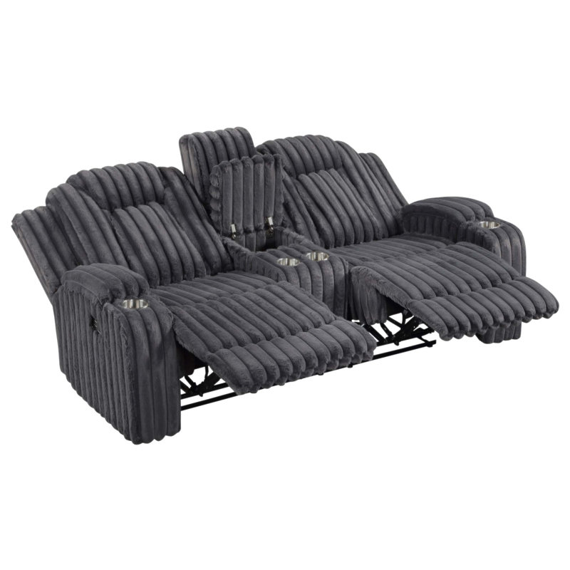 Causeuse inclinable avec console centrale et porte-gobelets, revêtement en velours côtelé de qualité supérieure pour le confort d'un salon moderne