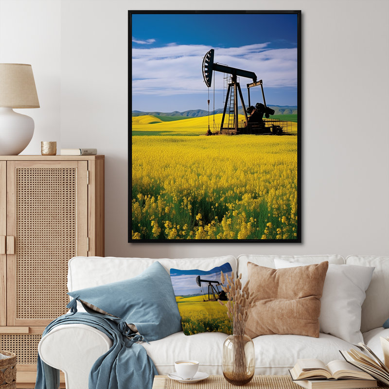 Foreuse à pétrole verte et jaune, Cadre flottant noir, H 32 po x l 24 po x P 1 po