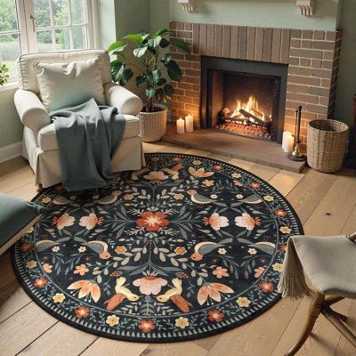 Goldene Boho Bird Area Rug Washable Rugs for Living Room, Large Floral Bedroom Carpet Low-Pile