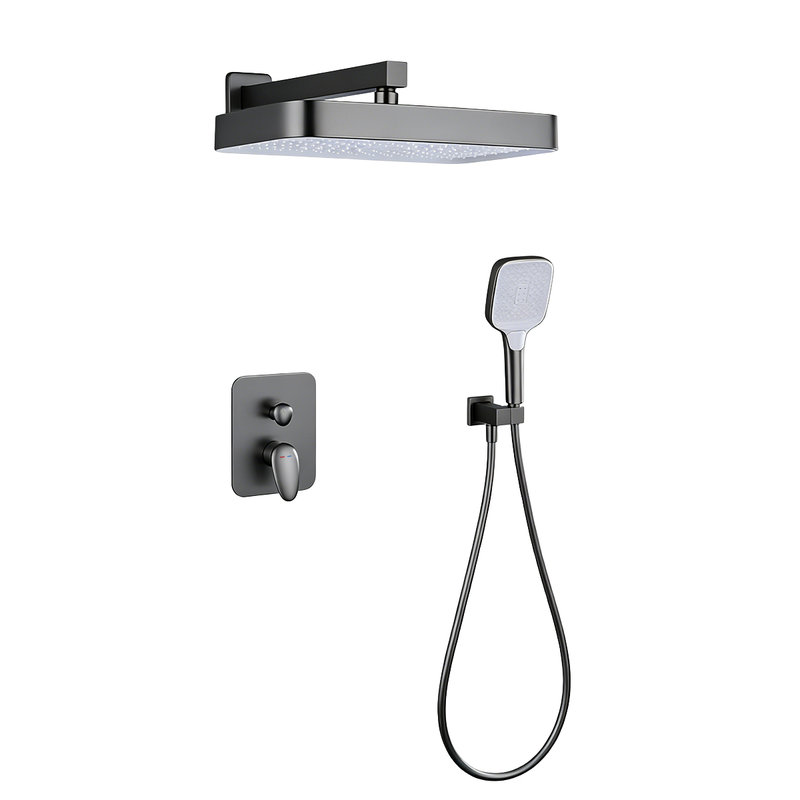 Système de douche encastré gris brossé 0Ontz, ensemble de douche mural en laiton massif à 2 fonctions, grande douche de pluie carrée à haute pression et douche à main carrée à 3 modes, ensemble de garniture de mélangeur d'eau chaude et froide à deux poignées pour la salle de bain