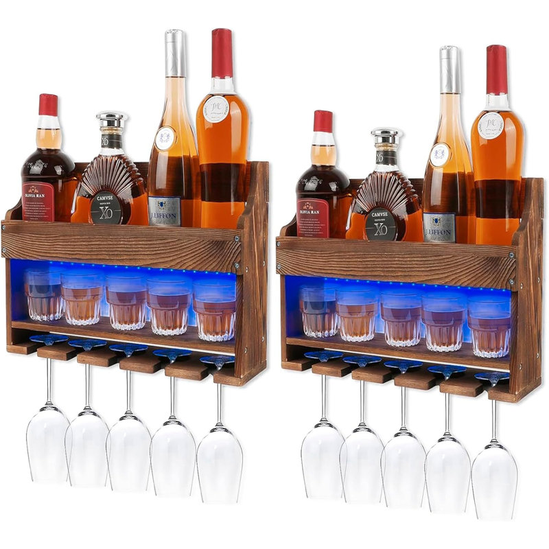 Ensemble de 2 supports à vin en bois fixés au mur avec lumière DEL, support à vin mural et tablette à boissons alcoolisées