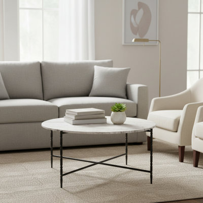 White Marble Topped Round Coffee Table_Cocktail Table With Iron Legs