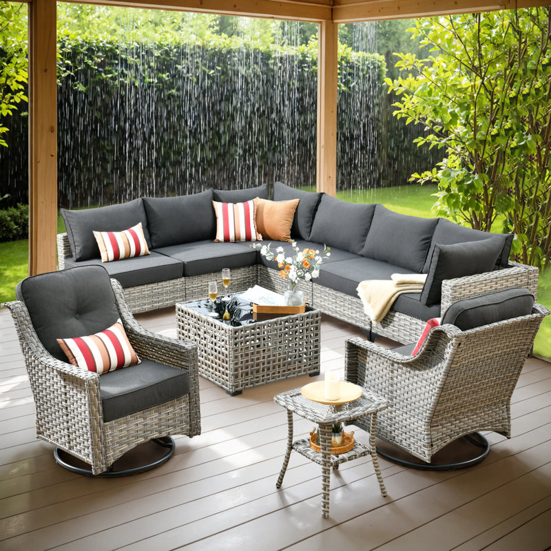 Ensemble de conversation modulaire en osier / rotin pour 8 personnes avec table basse éclairée et chaises pivotantes, ensemble de conversation modulaire d'extérieur avec coussins Emroy