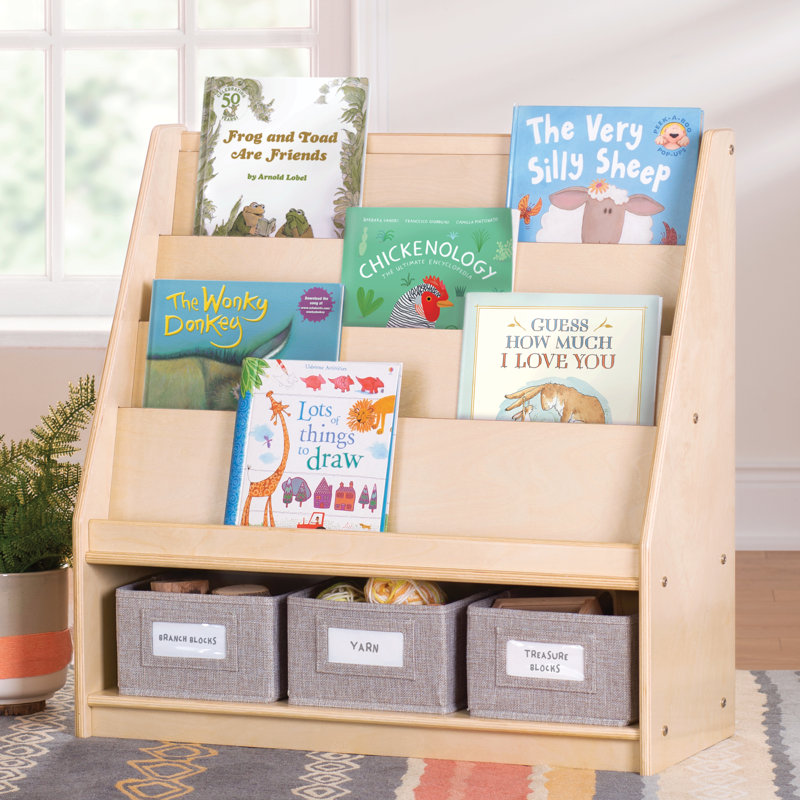 Natural Wooden Kids Book and Bin Display with Fabric Bins
