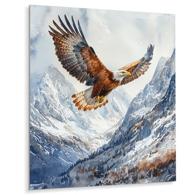Brown Eagle Flying Over Mountains I - Modern Metal Art Print, Eagle Metal Wall Art