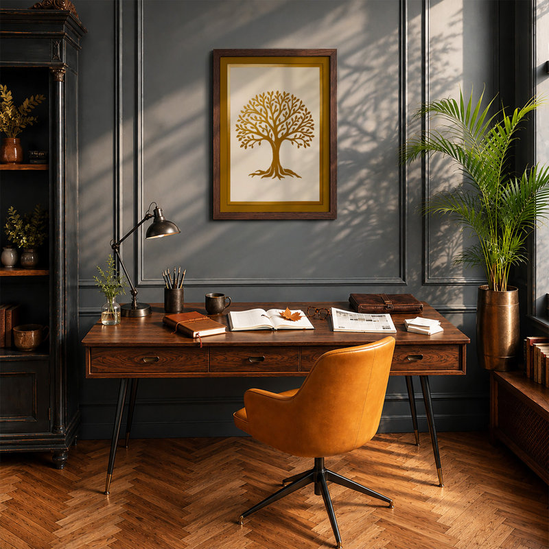 Golden Tree Botanical - Framed Print, A2 - 59.4 x 42.0 cm, Walnut