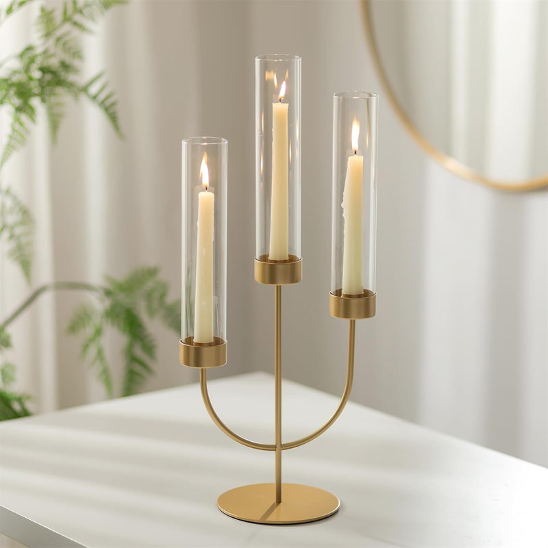 3 Arm Candelabra Centerpiece with Glass Hurricane for Dining Table Fireplace