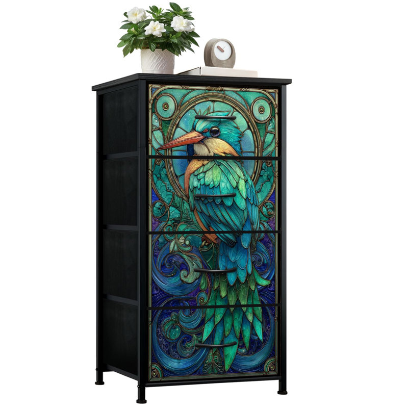 Commode en vitrail pour la chambre à coucher avec 4 tiroirs de rangement Commode en verre teinté majestueux avec plumes d'oiseaux turquoise
