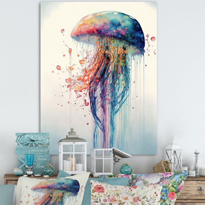 Art coloré sur toile, méduse colorée Deepsea IV, H 32 po x l 16 po, Toile tendue, Sans cadre