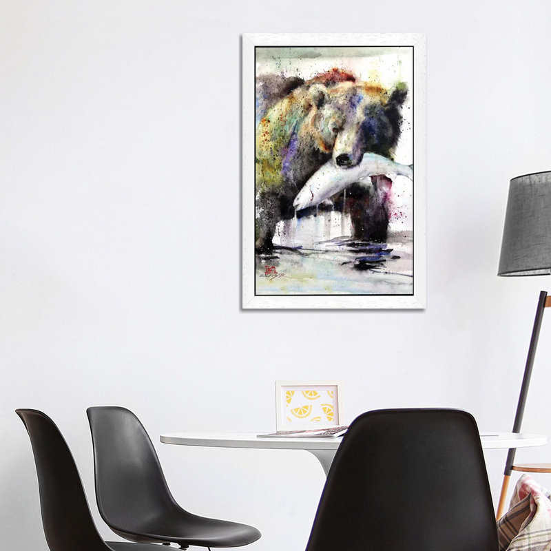 Brown Bear And Salmon by Dean Crouser - Giclee Art Print on Canvas, 66.04 cm H x 45.72 cm W, White Floater Framed