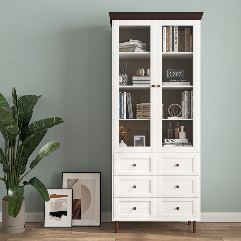 White MDF Display Storage Cabinet,Tall Kitchen Pantry Cabinets with Glass Doors and Adjustable Shelves,Freestanding Storage Cupboard for Kitchen, Living Room