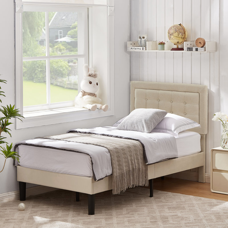 Structure de lit simple Kempst, cadre de lit plateforme simple rembourré avec tête de lit capitonnée réglable en hauteur, sommier robuste avec lattes en bois, aucun sommier requis, rangement sous le lit