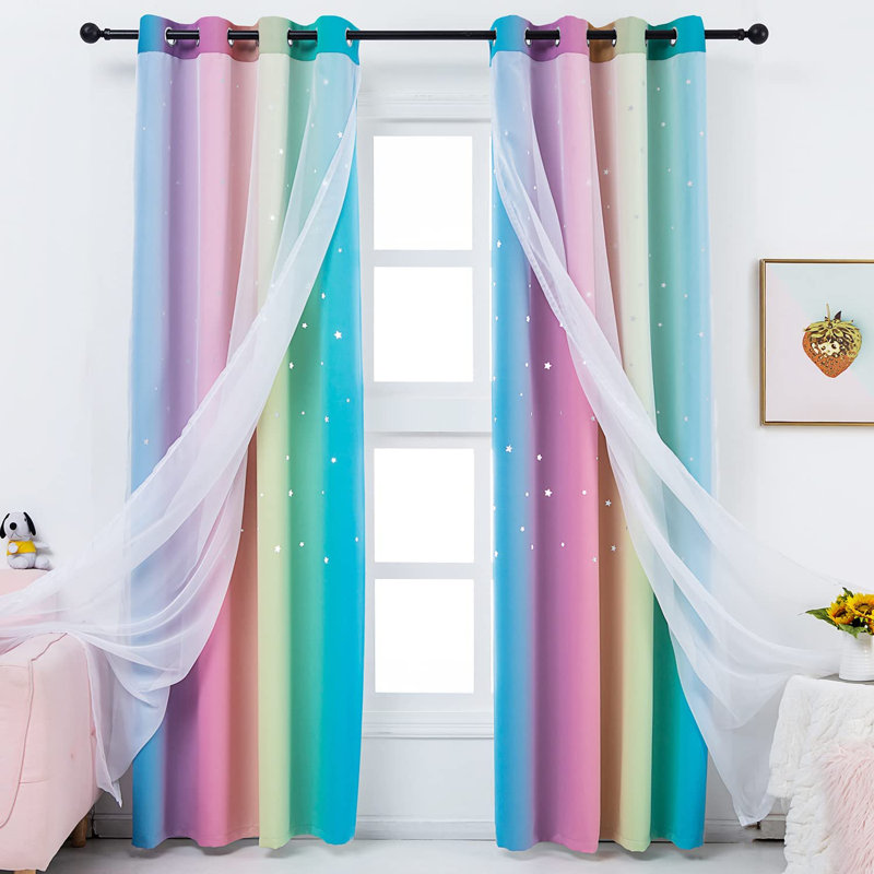 Blackout Curtain Pair, 52" W x 63" L, Blue/Pink/Yellow