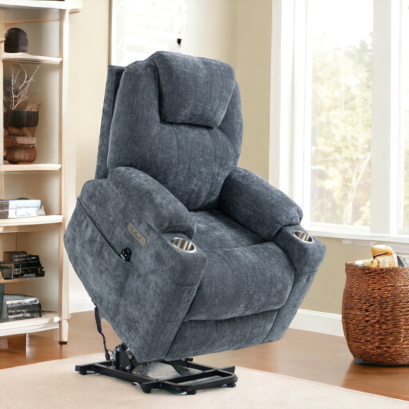 Jamiyha Upholstered Lift Assist Power Recliner, Blue Chenille