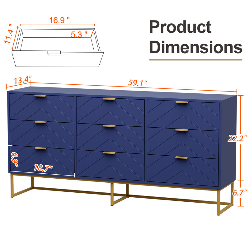 9 - Drawer 59.1"W Double Dresser, Navy Blue