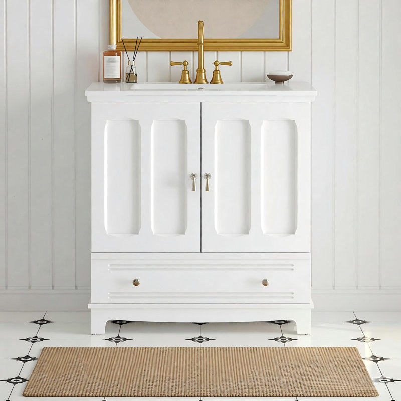 30" Bathroom Vanity With Ceramic Sink, Solid Wood Frame Bathroom Sink Cabinet With Adjustable Shelf, Drawer With Divider, Solid Wood Feet