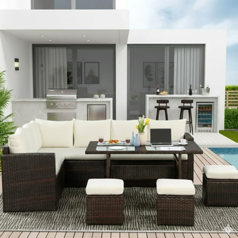 Ensemble de salle à manger d'extérieur en osier 7 pièces, canapé modulaire d'extérieur beige à 9 places avec repose-pieds et table de salle à manger pour jardin