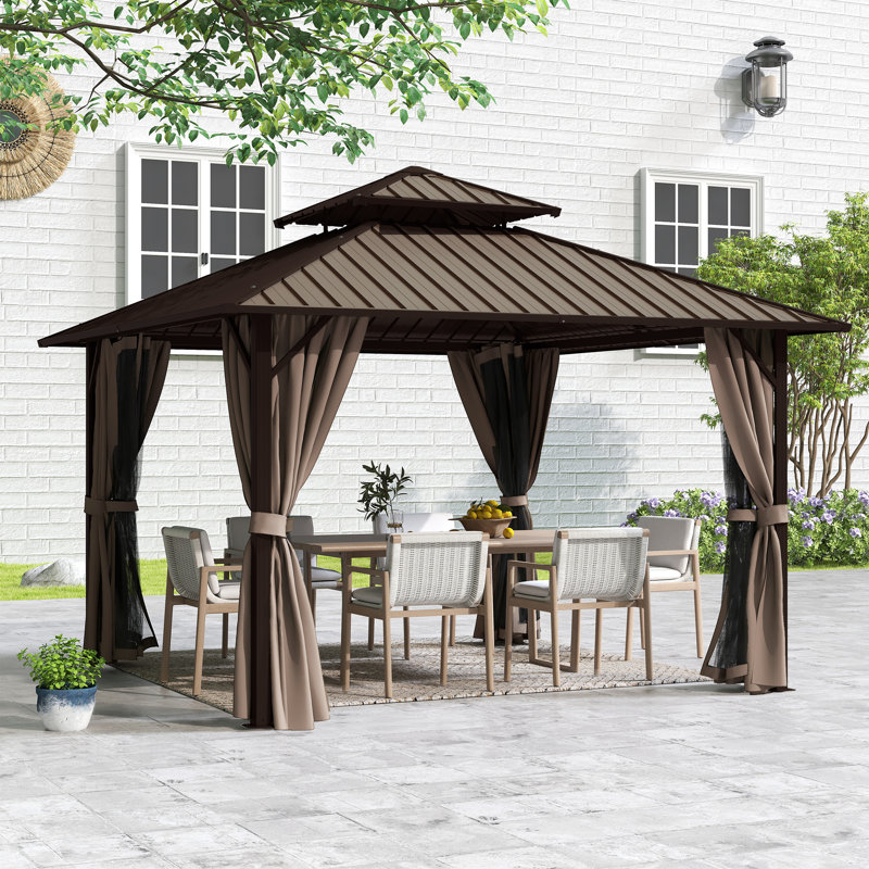 D Double Roof Hardtop Aluminum Patio Gazebo with Netting and Curtains, Brown, Brown, 77.4" H x 122.4" W x 122.4" D