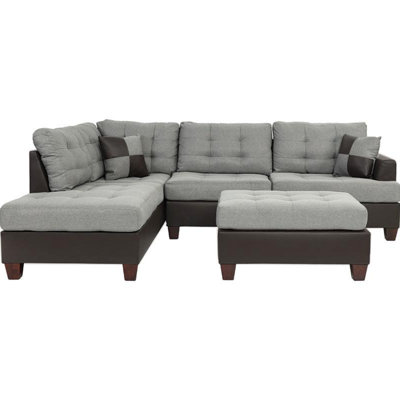 Contemporary Sectional Sofa Grey Polyfiber Linen Like Fabric Cushion Tufted Reversible 3Pc Sectional Sofa L/R Chaise Ottoman Living Room Furniture Pillows
