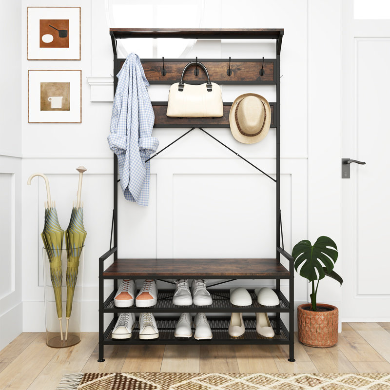Coat Rack 4-in-1 Hall Tree With 11 Hanging Hooks, Shoe Bench, 2-tier Shoe Rack, Brown