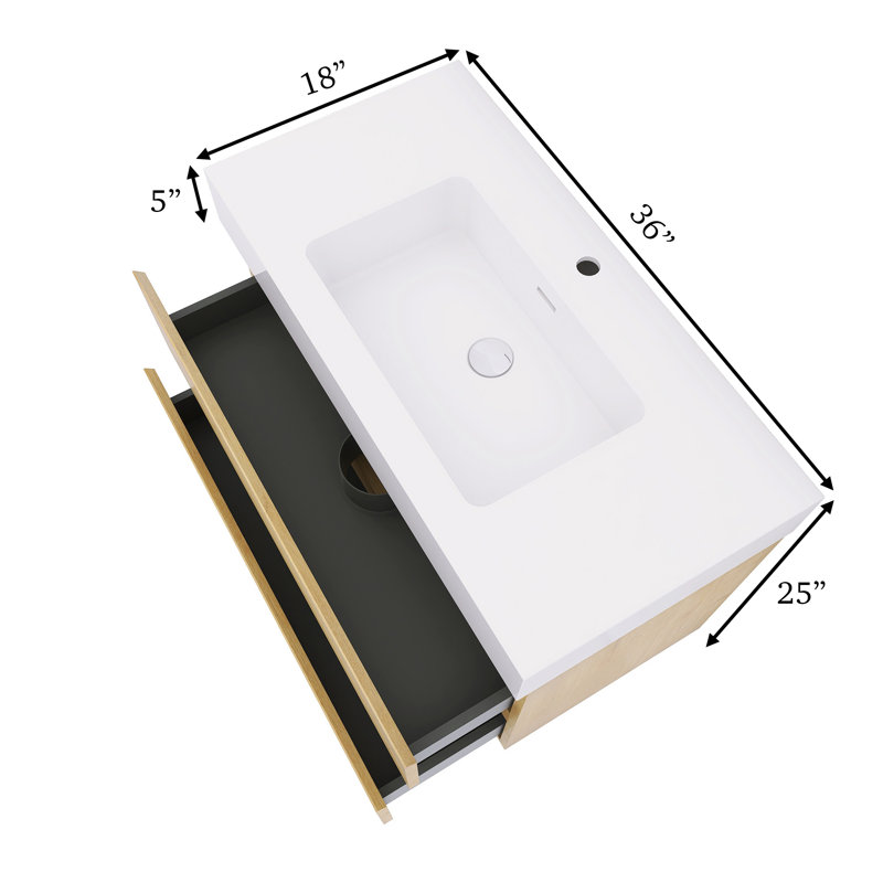 Meuble-lavabo flottant mural 36 po avec lavabo, Blanc, Chêne naturel
